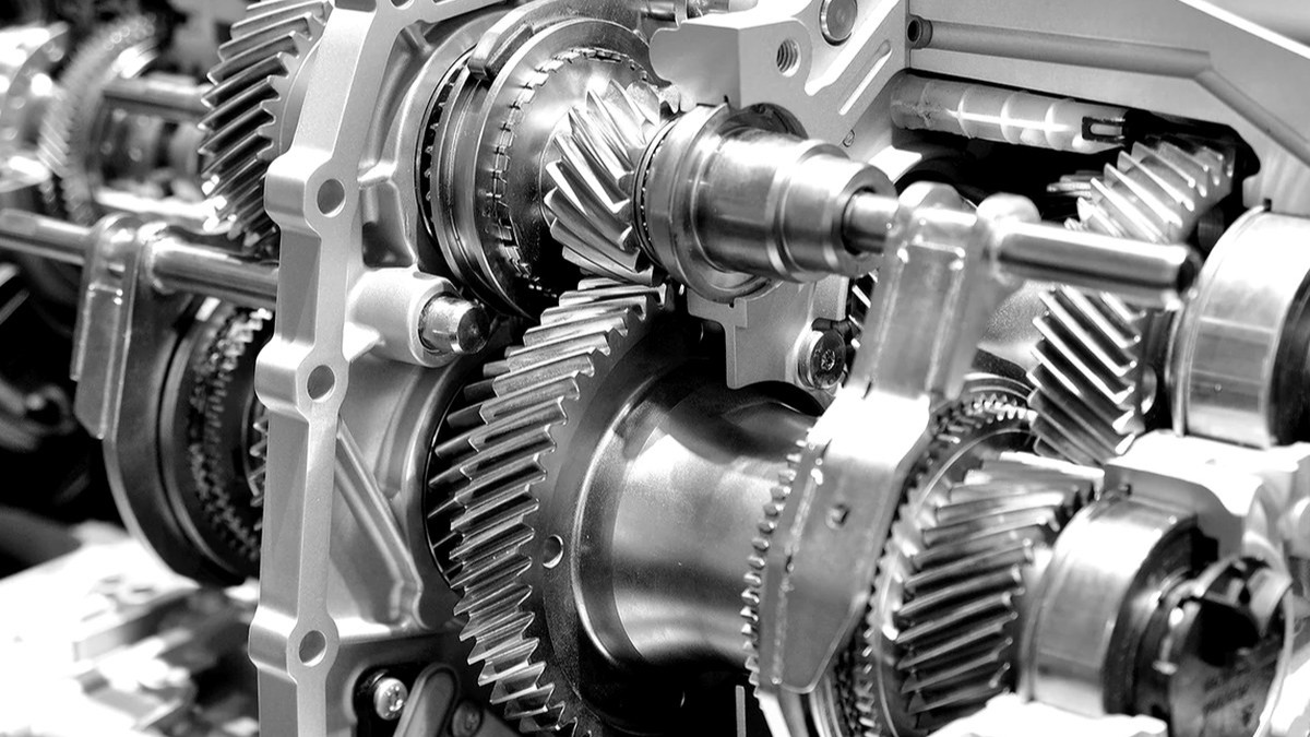 Transmission cutaway showing meshing gears