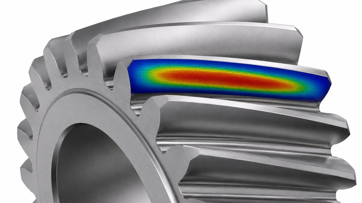 Helical gear FEA model with contact patch stress contour on the tooth flank
